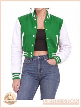 Letterman Varsity Jacket Women Fleece Cropped Bomber Casual